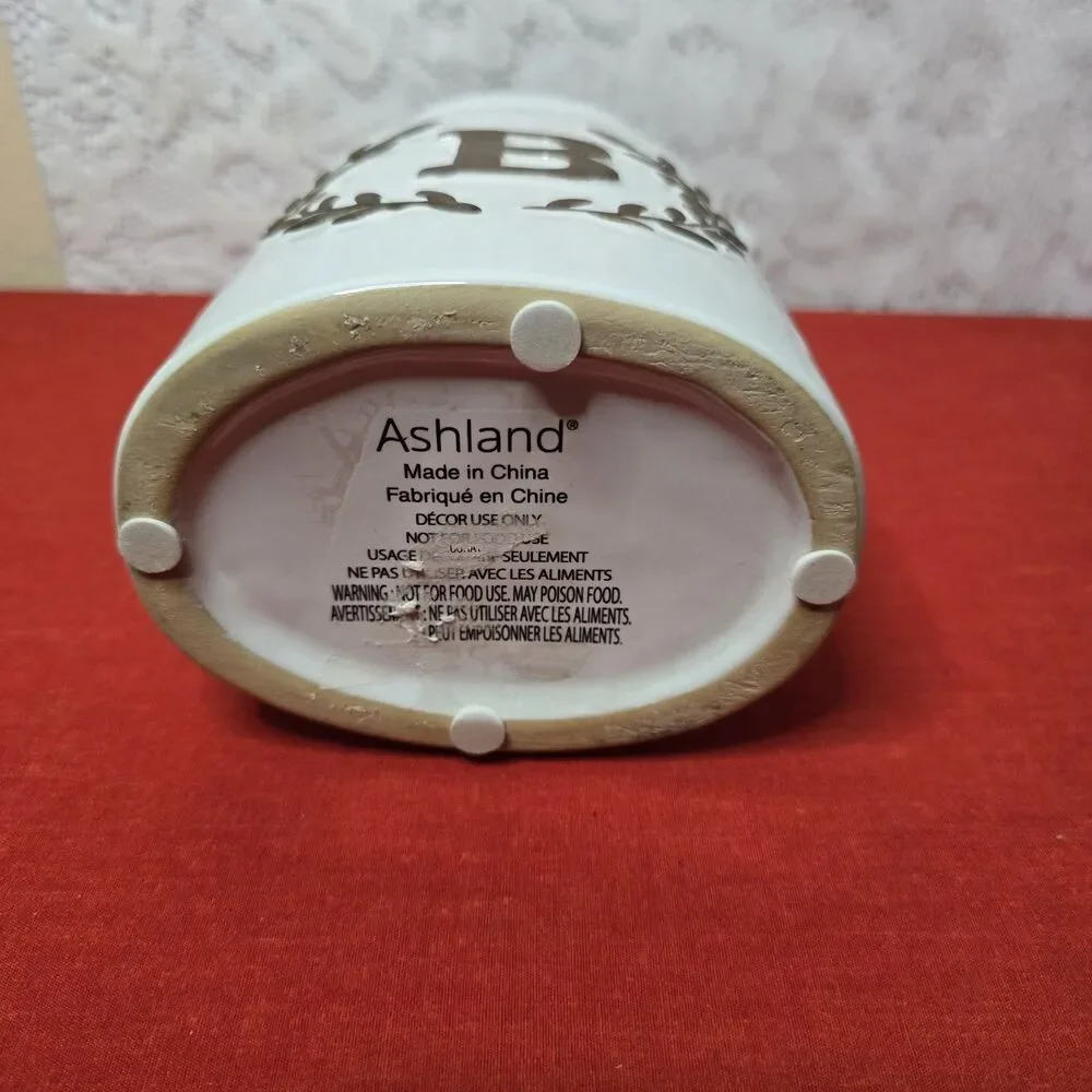 Ashland White Ceramic Monogram Initial B Milk Can Vase / Utensil Holder